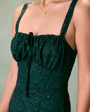 Sueña™ Yeşil Kare Yaka Jakarlı Yırtmaçlı Midi Elbise