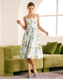 Sueña™ Beyaz Kare Yaka Çiçekli A Kesim Midi Elbise