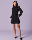 Sueña™ Siyah Dik Yaka Transparan Yırtmaçlı Mini Elbise