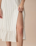 Sueña™ Bej Puf Kol Çizgili Yarma Pamuk Midi Elbise