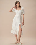 Sueña™ Bej Puf Kol Çizgili Yarma Pamuk Midi Elbise
