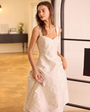 Sueña™ Beyaz Kalp Yaka Jakarlı Midi Elbise