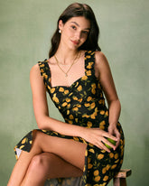 Sueña™ Siyah Kalp Yaka Limon Midi Elbise