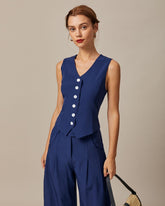 Sueña™ Lacivert V Yaka Düğmeli Kolsuz Yelek