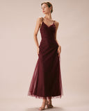 Sueña Şarap Kırmızısı V Yaka File Anvelop Uzun Elbise