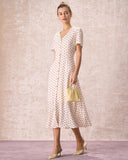 Sueña Bej V Yaka Puantiyeli Düğmeli Midi Elbise