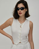 Sueña™ Beyaz V Yaka Düğmeli Örgü Atlet