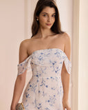 Sueña™ Beyaz Çiçekli Yırtmaçlı Straplez Maxi Elbise