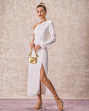 Sueña™ Beyaz Tek Omuz Yırtmaçlı Uzun Elbise