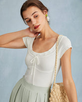 Sueña™ Beyaz Yuvarlak Yaka Kısa Kollu Örgü Tişört