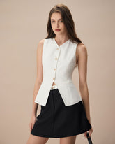 Sueña™ Beyaz Tek Sıra Düğmeli Pamuklu Yelek