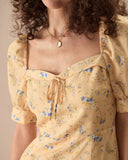 Sueña™ Sarı Kalp Yaka Çiçekli Mini Elbise