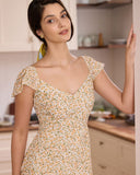 Sueña™ Sarı V Yaka Çiçek Yırtmaçlı Midi Elbise