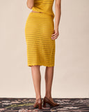 Sarı Yüksek Bel Diz Boyu Örme Etek