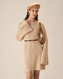 Bej Düşük Omuzlu Kazak Mini Elbise