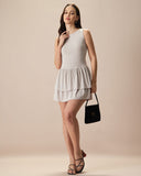 Sueña™ Kadın Gri Bisiklet Yaka Fırfırlı Katlı Pamuklu Mini Elbise