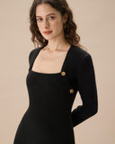 Sueña™ Siyah Kare Yaka Düğmeli Triko Elbise