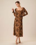 Kahverengi Çiçekli İki Parçalı Midi Elbise
