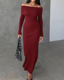 Kırmızı Omuz Açık Vücuda Oturan Kazak Elbise