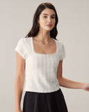 Sueña™ Beyaz Kare Yaka Örgü Slim Tişört