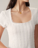 Sueña™ Beyaz Kare Yaka Örgü Slim Tişört