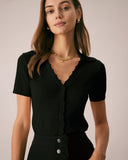 Sueña™ Siyah V Yaka Düğmeli Pointelle Örgü Tişört