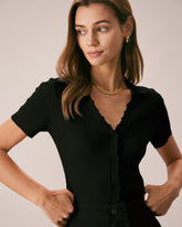 Sueña™ Siyah V Yaka Düğmeli Pointelle Örgü Tişört