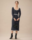 Sueña™ Gri Kontrast Kravatlı Bodycon Kazak Elbise