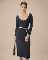 Sueña™ Gri Kontrast Kravatlı Bodycon Kazak Elbise