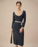 Sueña™ Gri Kontrast Kravatlı Bodycon Kazak Elbise