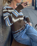 Kahverengi Çizgili V Yaka Örgü Hırka