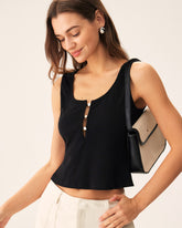 Sueña™ Siyah U Yaka Düğmeli Örgü Atlet