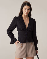 Sueña™ Siyah V Yaka Fırfırlı Bluz