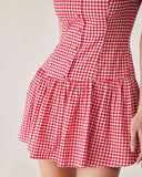 Sueña™ Kırmızı Ekose Kayık Yaka Mini Elbise