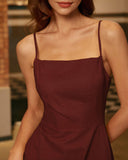 Sueña™ Şarap Kırmızısı Kare Yaka Büzgülü Slip Midi Elbise