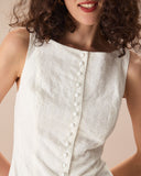 Sueña Kadın Beyaz Kayık Yaka Jakarlı Pamuk Mini Elbise