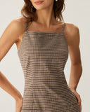 Sueña™ Kahverengi Ekose Slip Mini Elbise