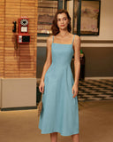 Sueña™ Mavi Kare Yaka Büzgülü Slip Midi Elbise