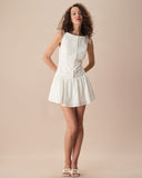 Sueña Kadın Beyaz Kayık Yaka Jakarlı Pamuk Mini Elbise