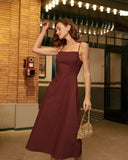 Şarap Kırmızısı Kare Yaka Büzgülü Midi Elbise