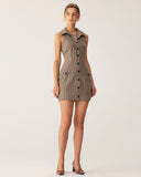 Sueña™ Kahverengi Ekose Düğmeli Kolsuz Mini Elbise