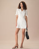 Sueña™ Kadın Beyaz Puf Kol Pamuk Keten Mini Elbise