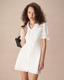 Sueña™ Kadın Beyaz Puf Kol Pamuk Keten Mini Elbise
