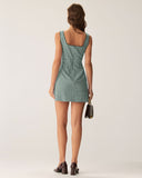 Sueña Yeşil Ekose Kare Yaka Slip Mini Elbise