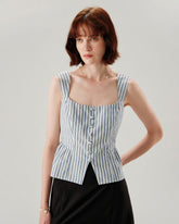 Sueña™ Mavi Çizgili Kare Yaka Kolsuz Bluz