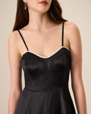 Sueña™ Kadın Siyah Ekleme Saten Slip Midi Elbise