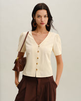 Sueña™ Bej V Yaka Düğmeli Kısa Kollu Bluz