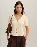 Sueña™ Bej V Yaka Düğmeli Kısa Kollu Bluz