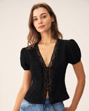 Sueña Siyah Jakarlı Dantel Düğmeli Bluz