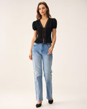 Sueña Siyah Jakarlı Dantel Düğmeli Bluz